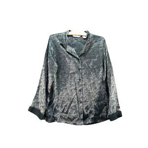 Private Luxuries Womens Button Up Sleep Shirt Top Size L Blue/Black Floral Shiny